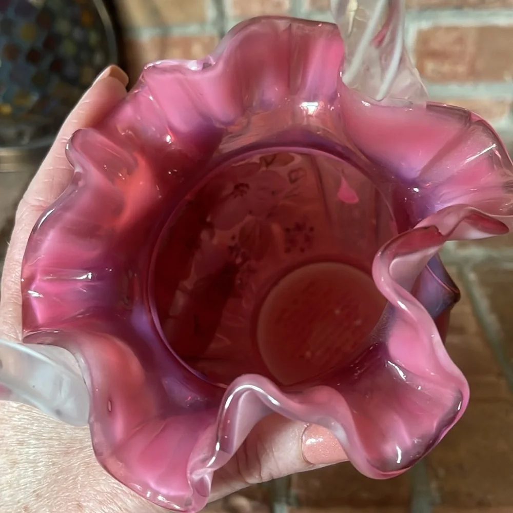 Fenton Cranberry Opalescent Art Glass Hand Painted Floral Basket Signed